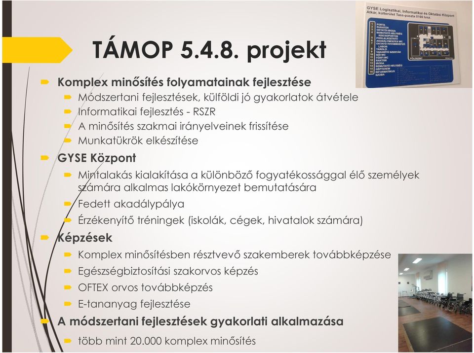 irányelveinek frissítése Munkatükrök elkészítése GYSE Központ Mintalakás kialakítása a különböző fogyatékossággal élő személyek számára alkalmas lakókörnyezet