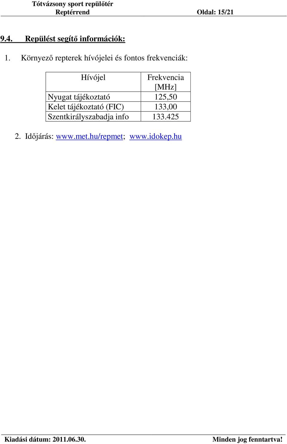 Frekvencia [MHz] Nyugat tájékoztató 125,50 Kelet tájékoztató (FIC)