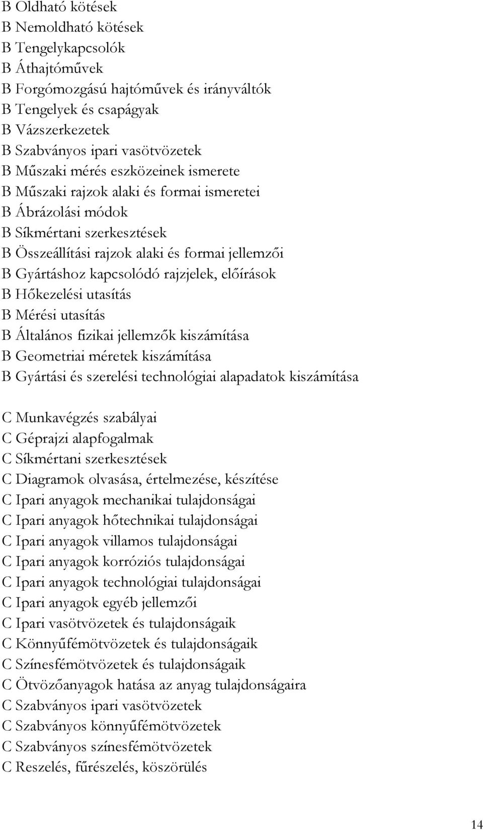 előírások B Hőkezelési utasítás B Mérési utasítás B Általános fizikai jellemzők kiszámítása B Geometriai méretek kiszámítása B Gyártási és szerelési technológiai alapadatok kiszámítása C Munkavégzés