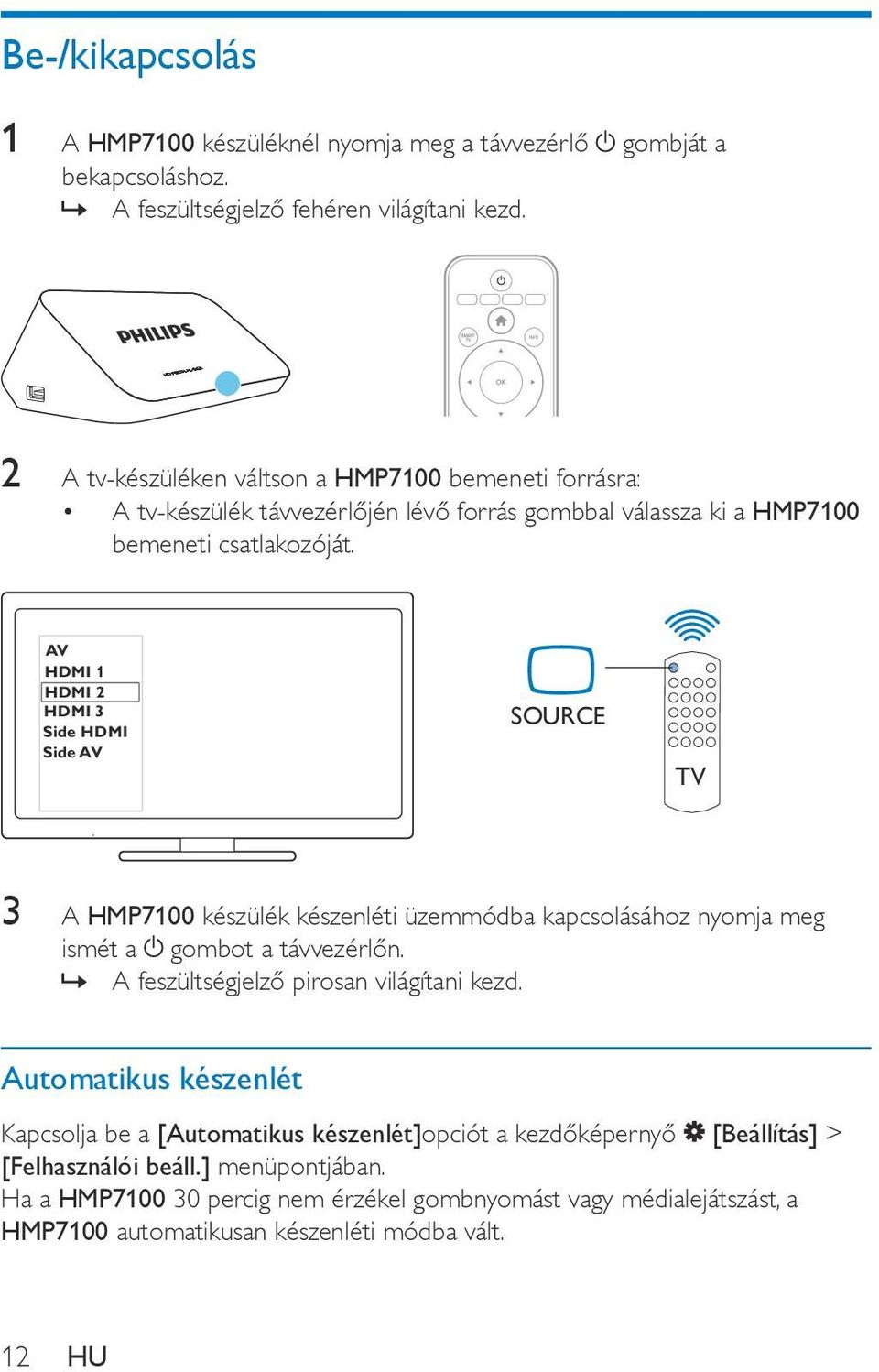 AV HDMI 1 HDMI 2 HDMI 3 Side HDMI Side AV SOURCE TV 3 A HMP7100 készülék készenléti üzemmódba kapcsolásához nyomja meg ismét a gombot a távvezérlőn.