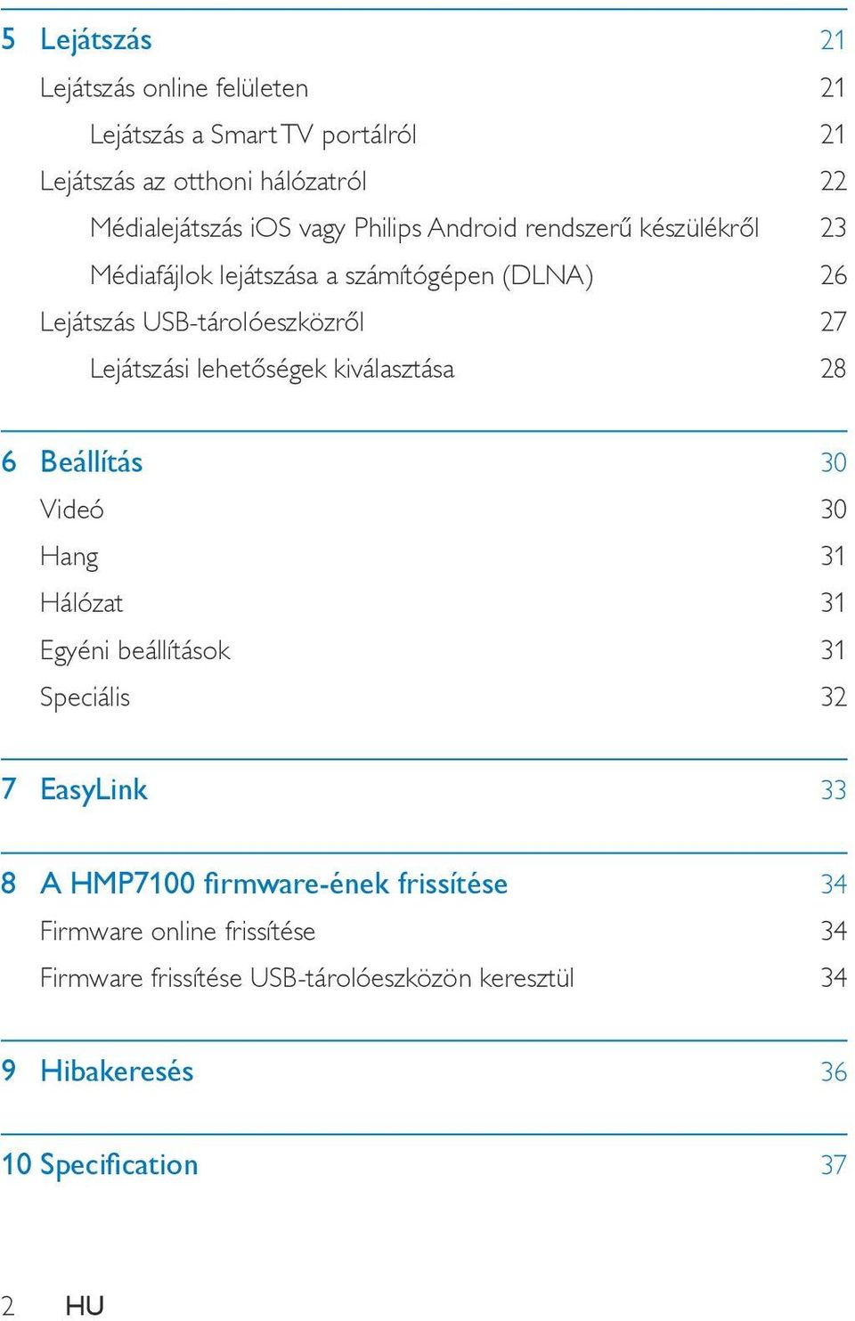 lehetőségek kiválasztása 28 6 Beállítás 30 Videó 30 Hang 31 Hálózat 31 Egyéni beállítások 31 Speciális 32 7 EasyLink 33 8 A HMP7100