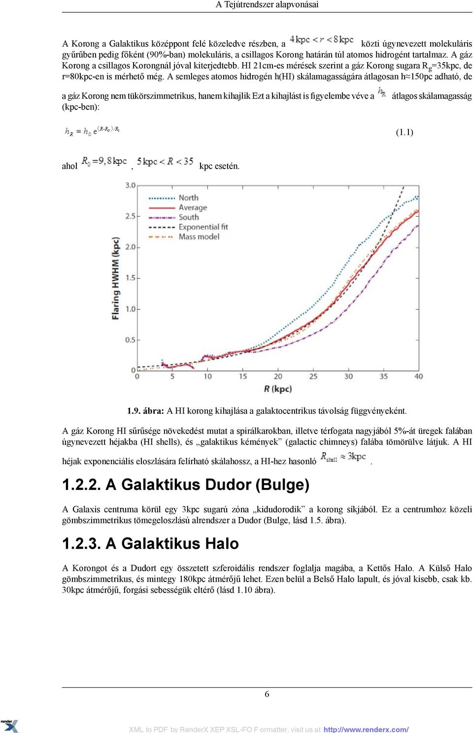 A semleges atomos hidrogén h(hi) skálamagasságára átlagosan h 150pc adható, de a gáz Korong nem tükörszimmetrikus, hanem kihajlik Ezt a kihajlást is figyelembe véve a (kpc-ben): átlagos skálamagasság