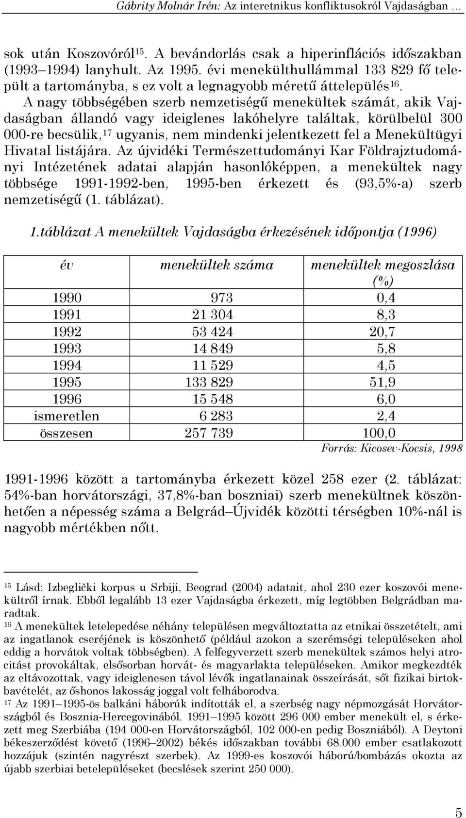 A nagy többségében szerb nemzetiségű menekültek számát, akik Vajdaságban állandó vagy ideiglenes lakóhelyre találtak, körülbelül 300 000-re becsülik, 17 ugyanis, nem mindenki jelentkezett fel a