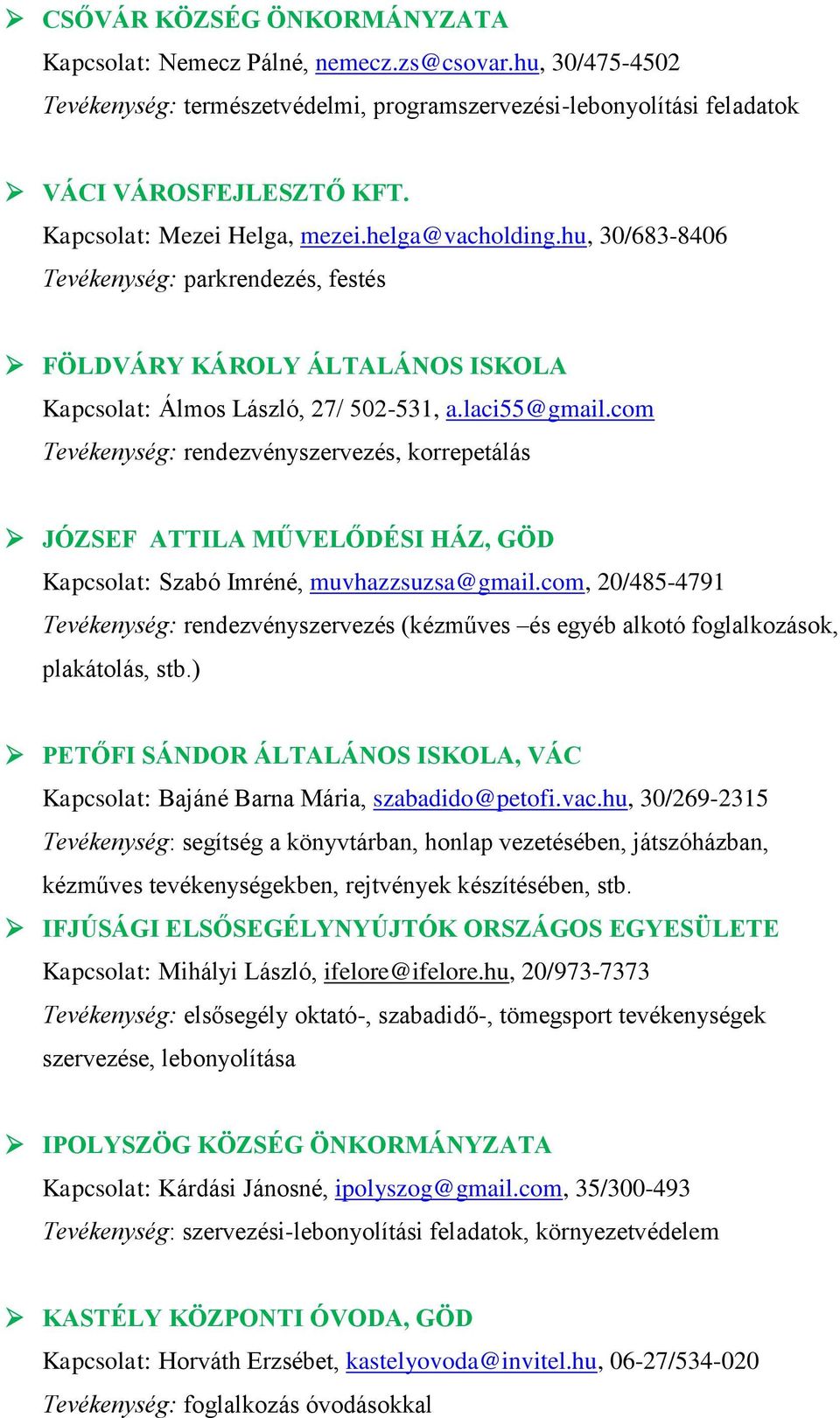 com Tevékenység: rendezvényszervezés, korrepetálás JÓZSEF ATTILA MŰVELŐDÉSI HÁZ, GÖD Kapcsolat: Szabó Imréné, muvhazzsuzsa@gmail.