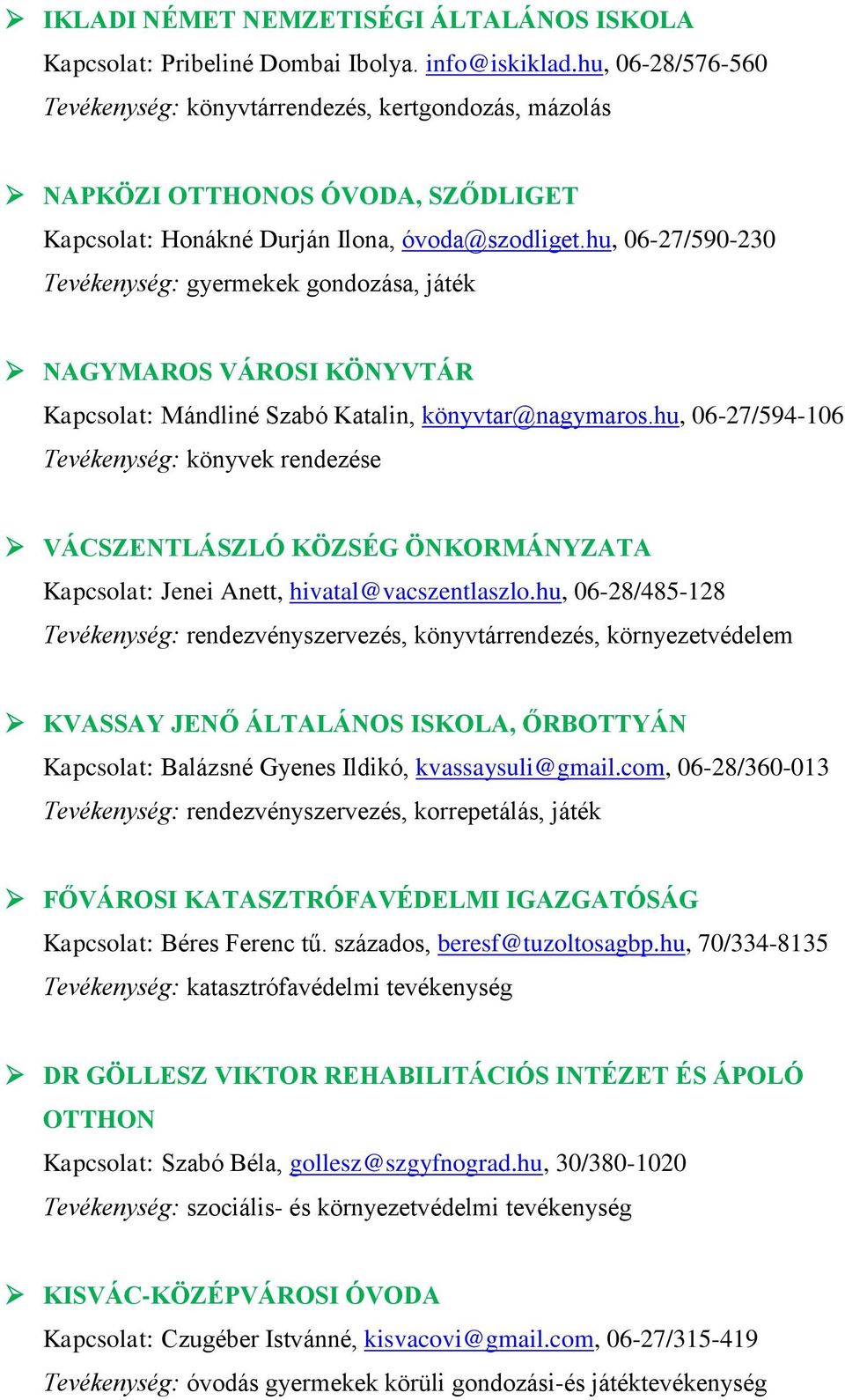 hu, 06-27/590-230 Tevékenység: gyermekek gondozása, játék NAGYMAROS VÁROSI KÖNYVTÁR Kapcsolat: Mándliné Szabó Katalin, könyvtar@nagymaros.