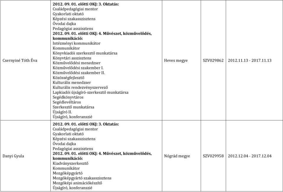 Közösségfejlesztő Kulturális menedzser Kulturális rendezvényszervező Lapkiadói újságíró-szerkesztő munkatársa Segédkönyvtáros Segédlevéltáros