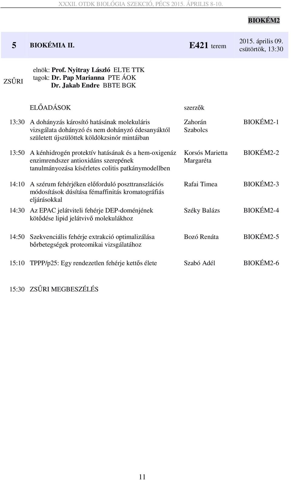hatásának és a hem-oxigenáz enzimrendszer antioxidáns szerepének tanulmányozása kísérletes colitis patkánymodellben 14:10 A szérum fehérjéken előforduló poszttranszlációs módosítások dúsítása