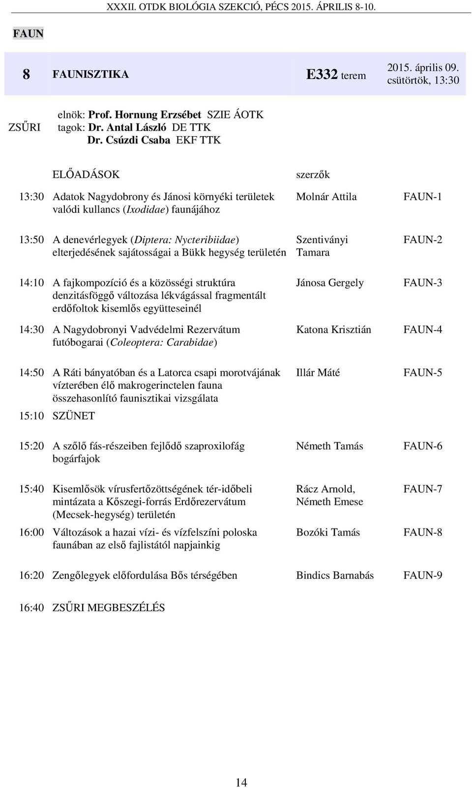 sajátosságai a Bükk hegység területén 14:10 A fajkompozíció és a közösségi struktúra denzitásföggő változása lékvágással fragmentált erdőfoltok kisemlős együtteseinél 14:30 A Nagydobronyi Vadvédelmi