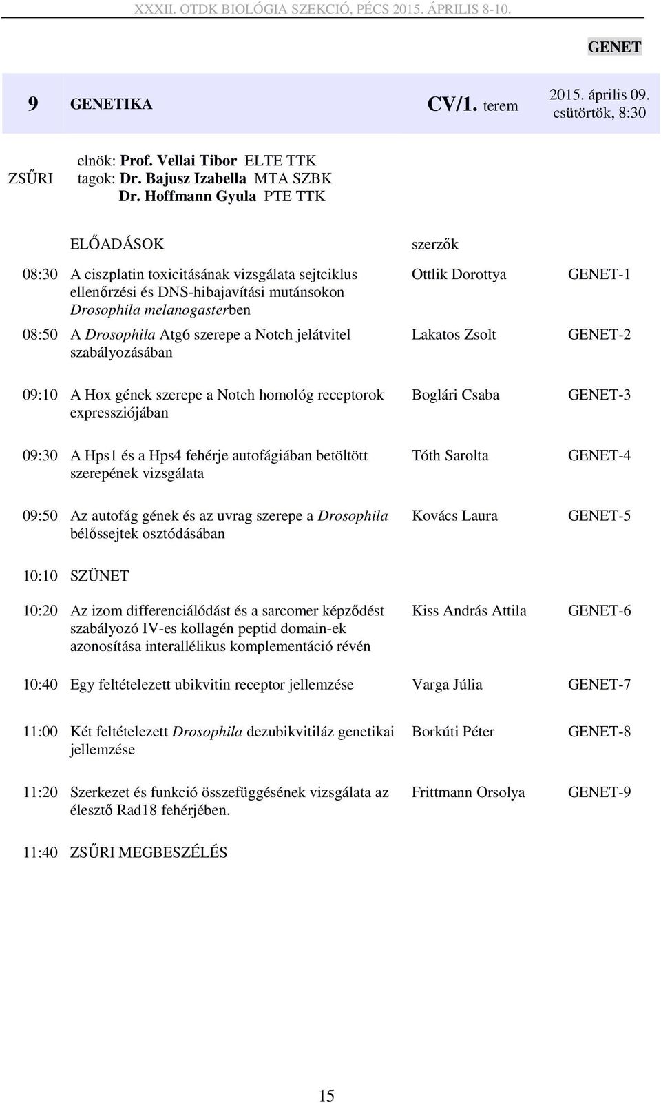 szabályozásában 09:10 A Hox gének szerepe a Notch homológ receptorok expressziójában Ottlik Dorottya Lakatos Zsolt Boglári Csaba GENET-1 GENET-2 GENET-3 09:30 A Hps1 és a Hps4 fehérje autofágiában