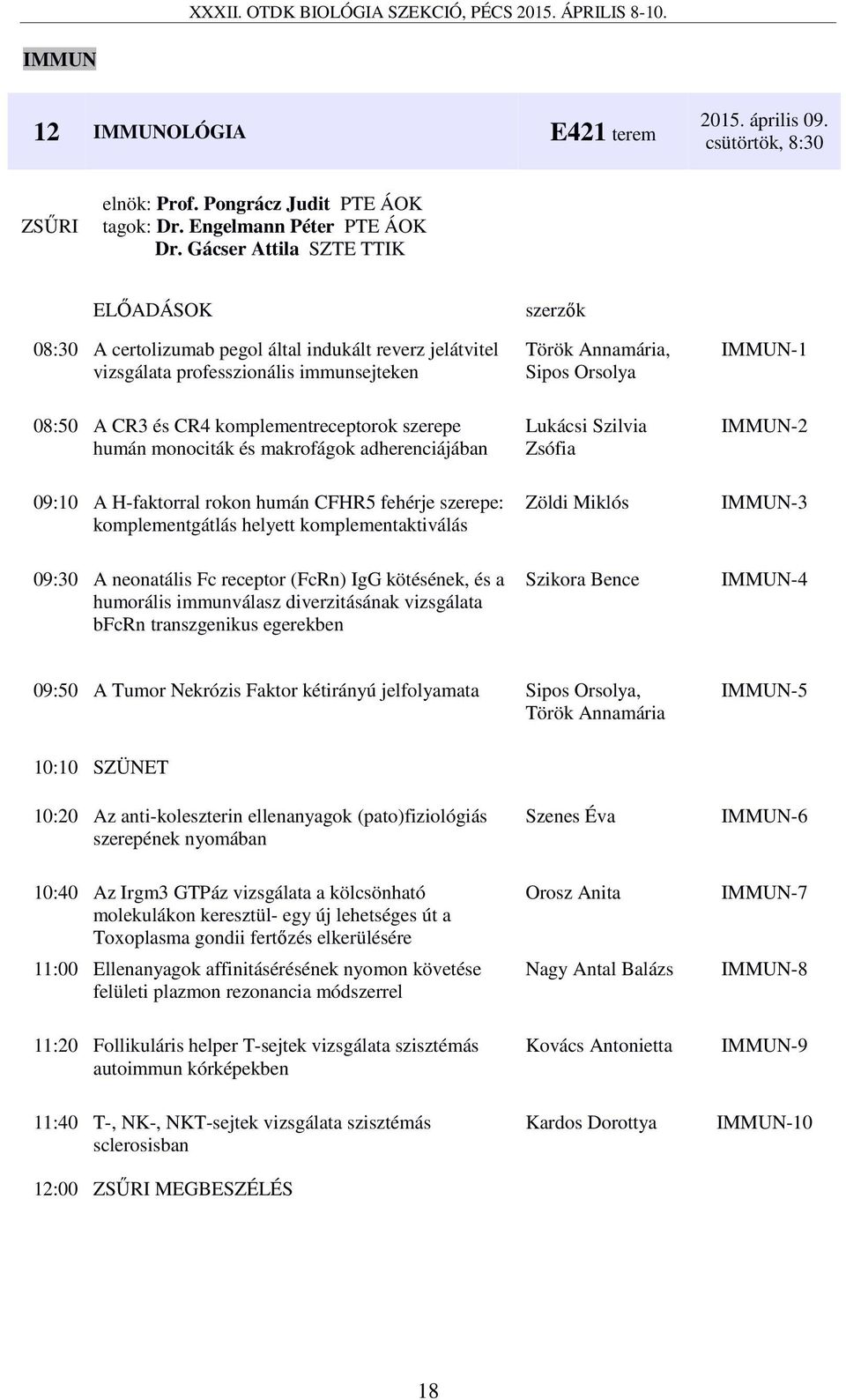 makrofágok adherenciájában 09:10 A H-faktorral rokon humán CFHR5 fehérje szerepe: komplementgátlás helyett komplementaktiválás Török Annamária, Sipos Orsolya Lukácsi Szilvia Zsófia Zöldi Miklós