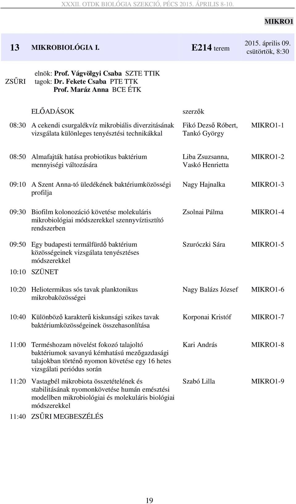 baktérium mennyiségi változására Liba Zsuzsanna, Vaskó Henrietta MIKRO1-2 09:10 A Szent Anna-tó üledékének baktériumközösségi profilja Nagy Hajnalka MIKRO1-3 09:30 Biofilm kolonozáció követése
