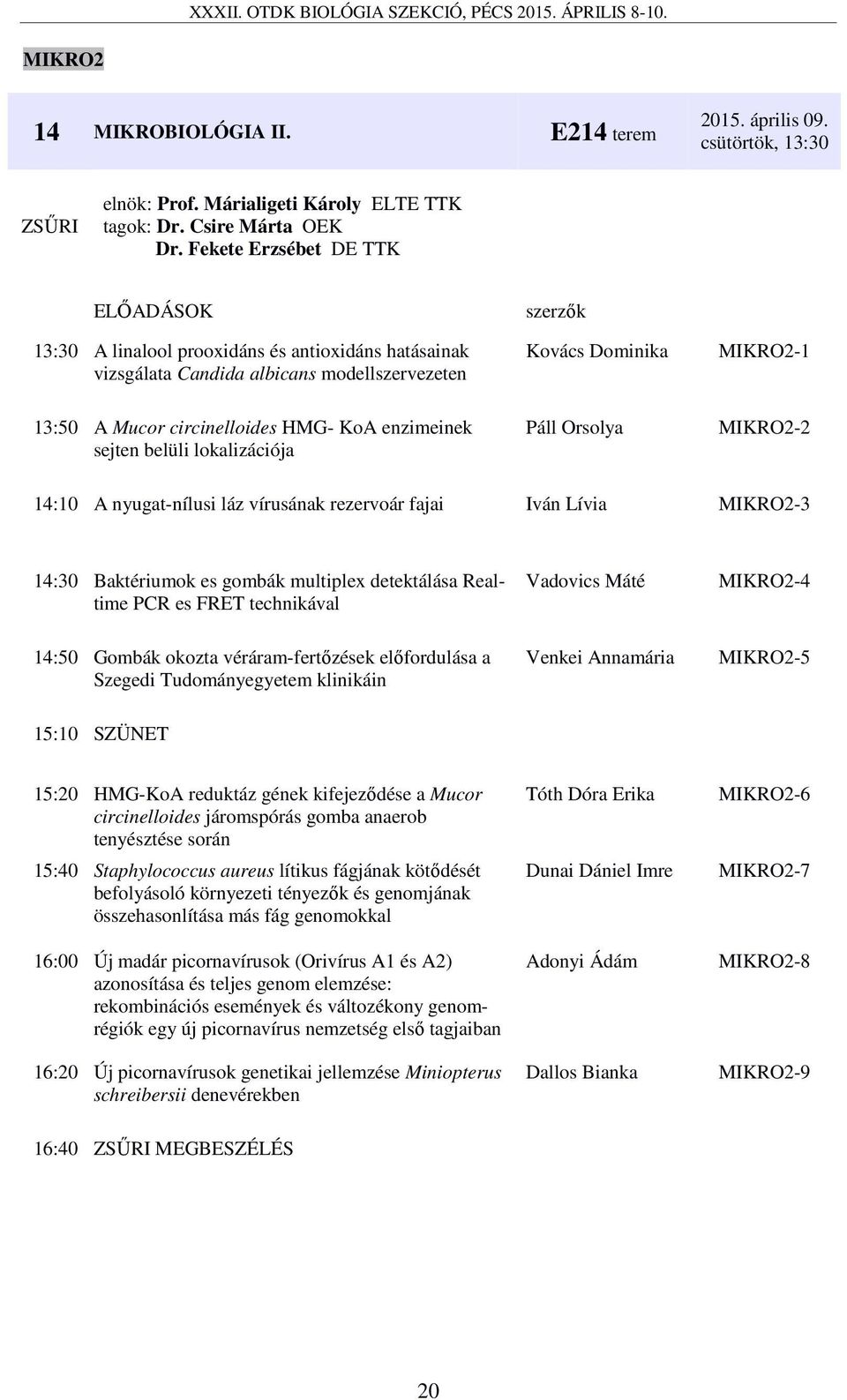 sejten belüli lokalizációja Páll Orsolya MIKRO2-2 14:10 A nyugat-nílusi láz vírusának rezervoár fajai Iván Lívia MIKRO2-3 14:30 Baktériumok es gombák multiplex detektálása Realtime PCR es FRET
