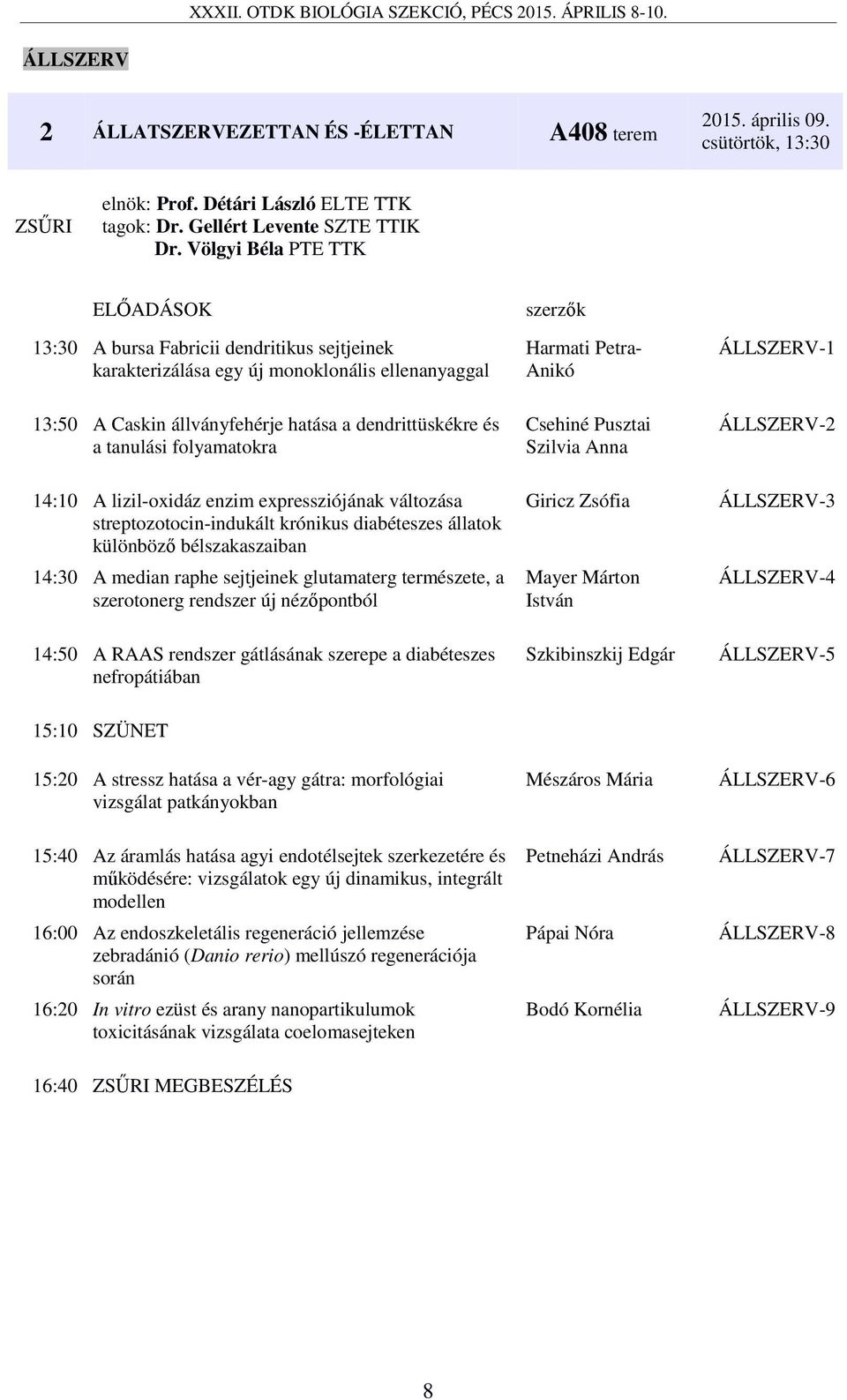 14:10 A lizil-oxidáz enzim expressziójának változása streptozotocin-indukált krónikus diabéteszes állatok különböző bélszakaszaiban 14:30 A median raphe sejtjeinek glutamaterg természete, a