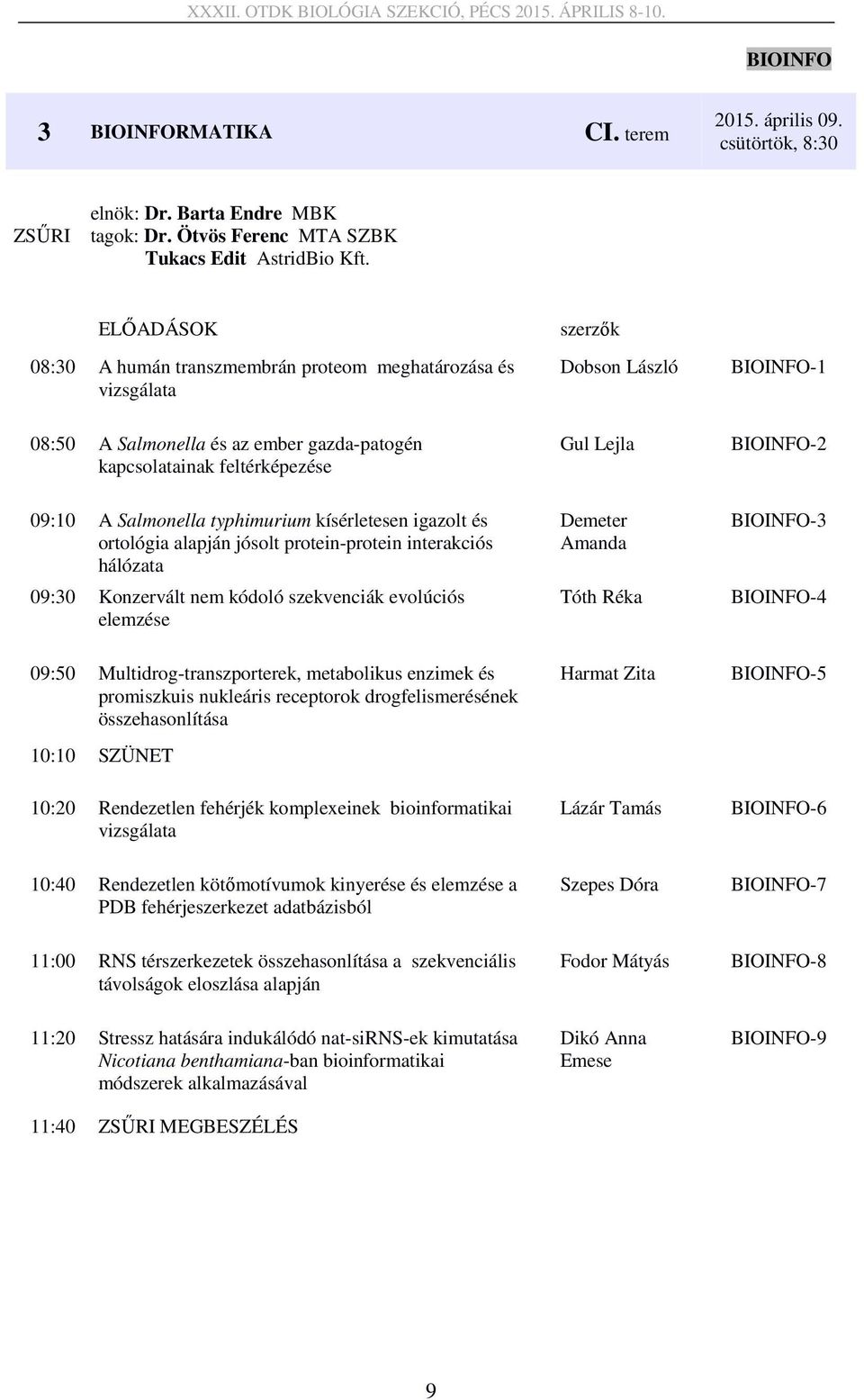 Salmonella typhimurium kísérletesen igazolt és ortológia alapján jósolt protein-protein interakciós hálózata 09:30 Konzervált nem kódoló szekvenciák evolúciós elemzése 09:50 Multidrog-transzporterek,