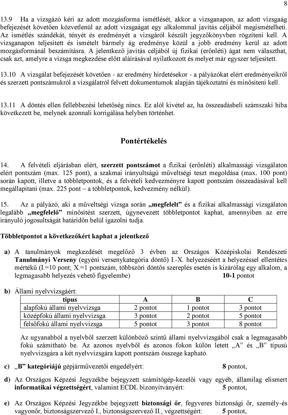 A vizsganapon teljesített és ismételt bármely ág eredménye közül a jobb eredmény kerül az adott mozgásformánál beszámításra.