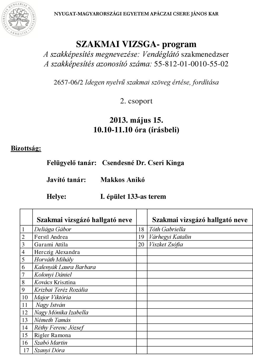 épület 133-as terem 1 Deliága Gábor 18 Tóth Gabriella 2 Ferstl Andrea 19 Várhegyi Katalin 3 Garami Attila 20 Viszket Zsófia 4 Herczig