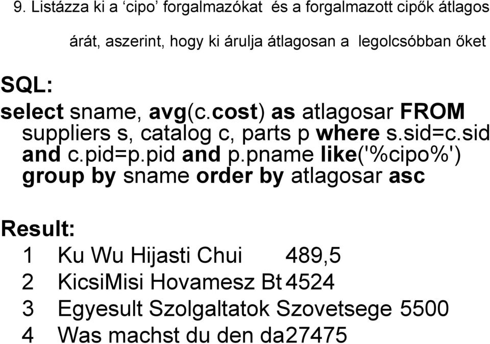 cost) as atlagosar FROM suppliers s, catalog c, parts p where s.sid=c.sid and c.pid=p.pid and p.