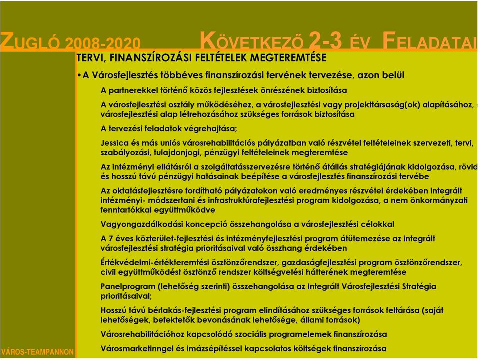 végrehajtása; Jessica és más uniós városrehabilitációs pályázatban való részvétel feltételeinek szervezeti, tervi, szabályozási, tulajdonjogi, pénzügyi feltételeinek megteremtése Az intézményi