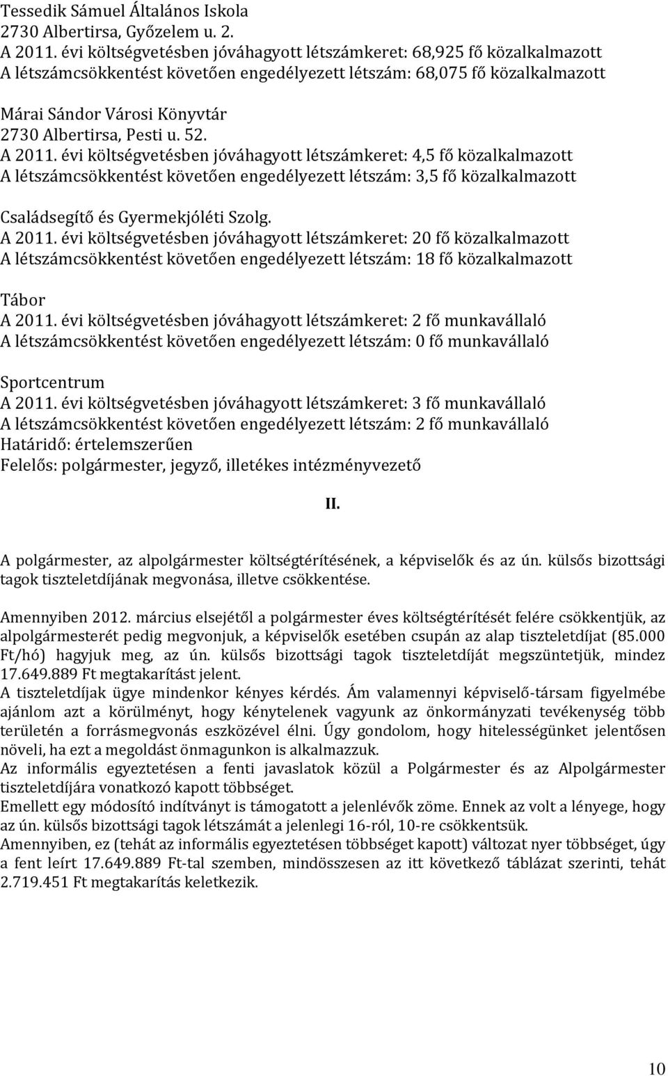 Pesti u. 52. A 2011. évi költségvetésben jóváhagyott létszámkeret: 4,5 fő közalkalmazott A létszámcsökkentést követően engedélyezett létszám: 3,5 fő közalkalmazott Családsegítő és Gyermekjóléti Szolg.