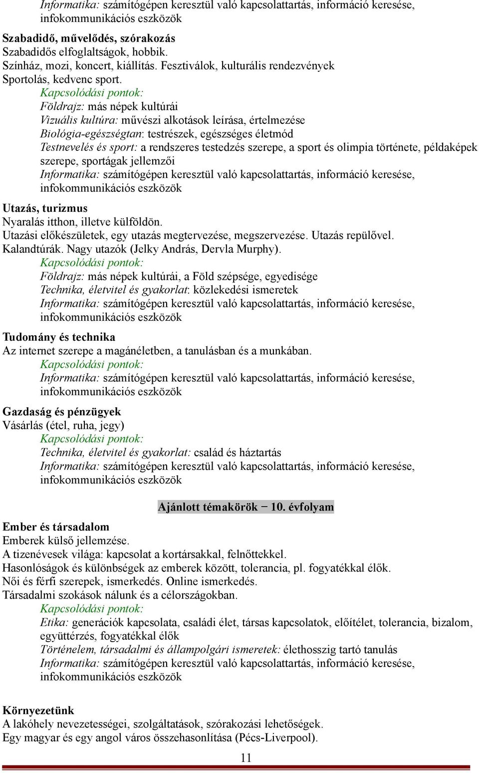 sport és olimpia története, példaképek szerepe, sportágak jellemzői Utazás, turizmus Nyaralás itthon, illetve külföldön. Utazási előkészületek, egy utazás megtervezése, megszervezése.