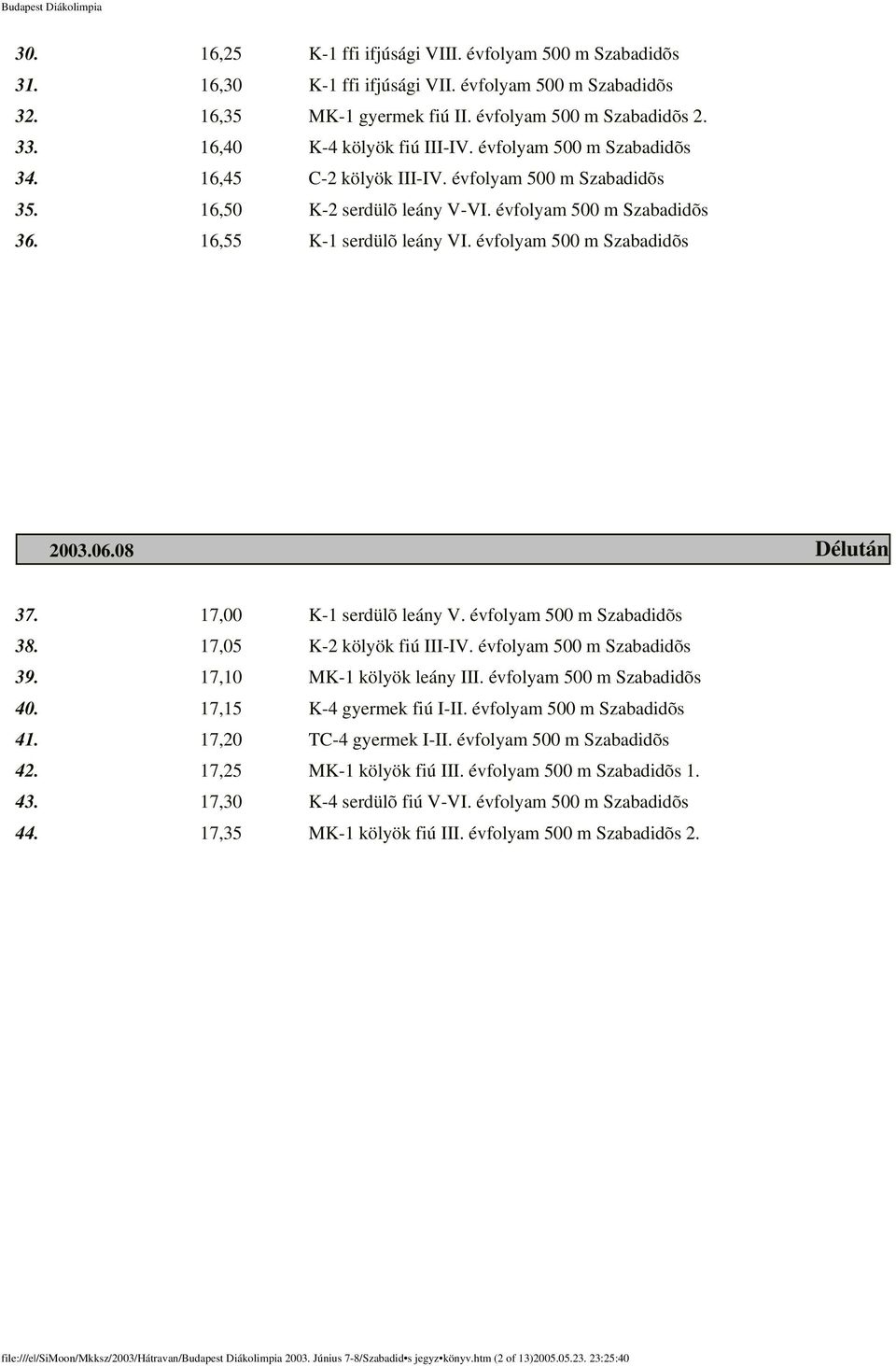 16,55 K-1 serdülõ leány VI. évfolyam 500 m Szabadidõs 2003.06.08 Délután 37. 17,00 K-1 serdülõ leány V. évfolyam 500 m Szabadidõs 38. 17,05 K-2 kölyök fiú III-IV. évfolyam 500 m Szabadidõs 39.