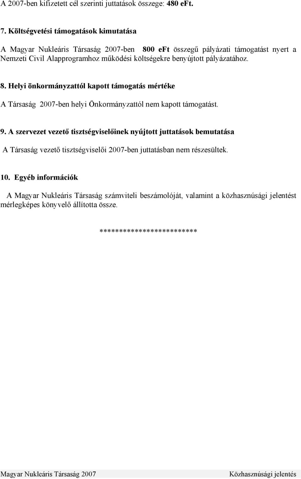 9. A szervezet vezető tisztségviselőinek nyújtott juttatások bemutatása A Társaság vezető tisztségviselői 2007-ben juttatásban nem részesültek. 10.