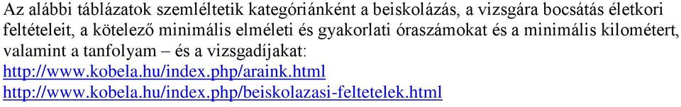 minimális kilométert, valamint a tanfolyam és a díjakat: http://www.kobela.