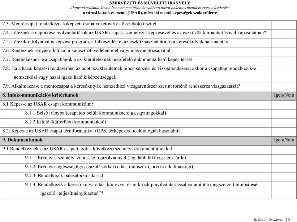 Létezik-e folyamatos képzési program, a felkészülésre, az eszközhasználatra és a keresőkutyák használatára. 7.6. Rendeznek-e gyakorlatokat a katasztrófavédelemmel vagy más mentőcsapattal. 7.7. Rendelkeznek-e a csapattagok a szakterületeknek megfelelő dokumentálható képesítéssel.