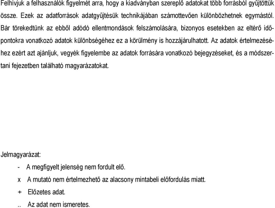 Bár törekedtünk az ebből adódó ellentmondások felszámolására, bizonyos esetekben az eltérő időpontokra vonatkozó adatok különbségéhez ez a körülmény is hozzájárulhatott.