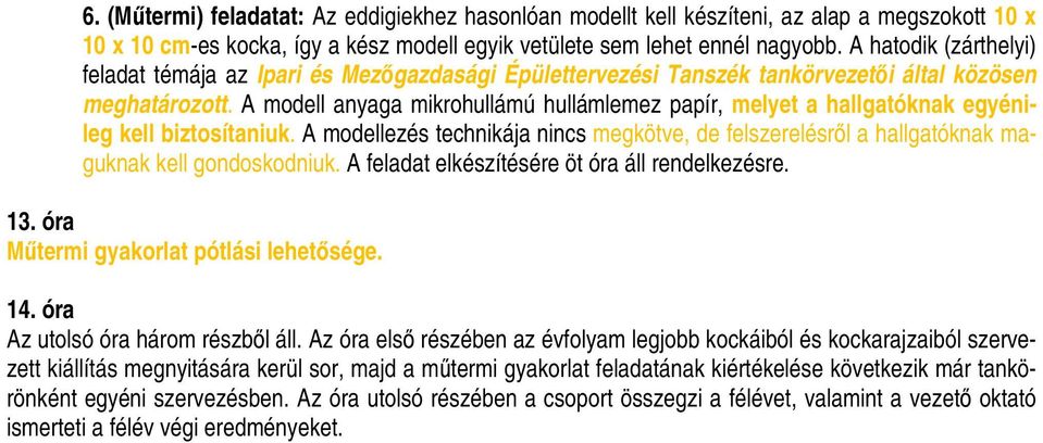 A modell anyaga mikrohullámú hullámlemez papír, melyet a hallgatóknak egyénileg kell biztosítaniuk.