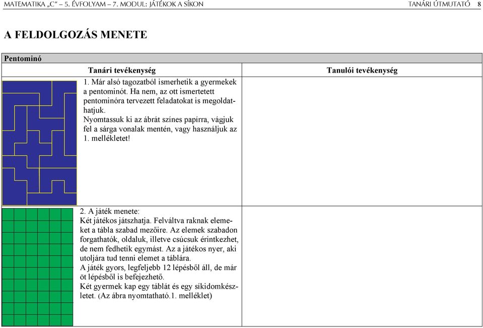 Tanulói tevékenység 2. A játék menete: Két játékos játszhatja. Felváltva raknak elemeket a tábla szabad mezőire.