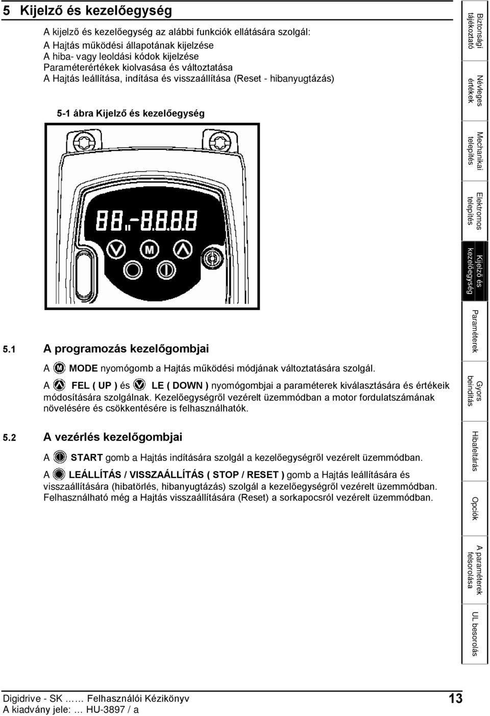 kezelõegység 5.1 A programozás kezelõgombjai A MODE nyomógomb a Hajtás mûködési módjának változtatására szolgál.