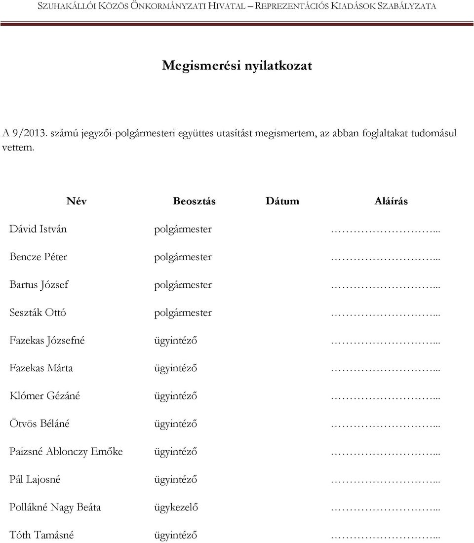 .. Seszták Ottó polgármester... Fazekas Józsefné ügyintéző... Fazekas Márta ügyintéző... Klómer Gézáné ügyintéző.