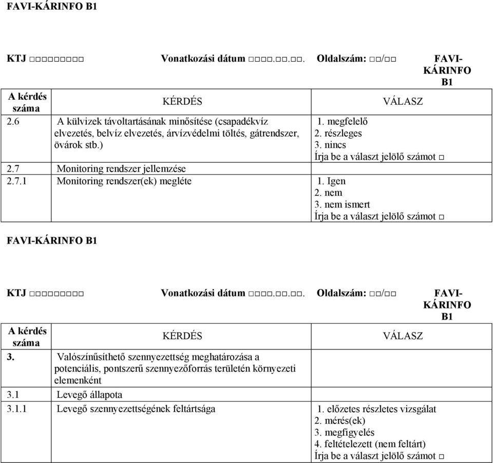 7 Monitoring rendszer jellemzése 2.7.1 Monitoring rendszer(ek) megléte 1. Igen 2. nem 3. nem ismert FAVI-KÁRINFO B1 KTJ Vonatkozási dátum.