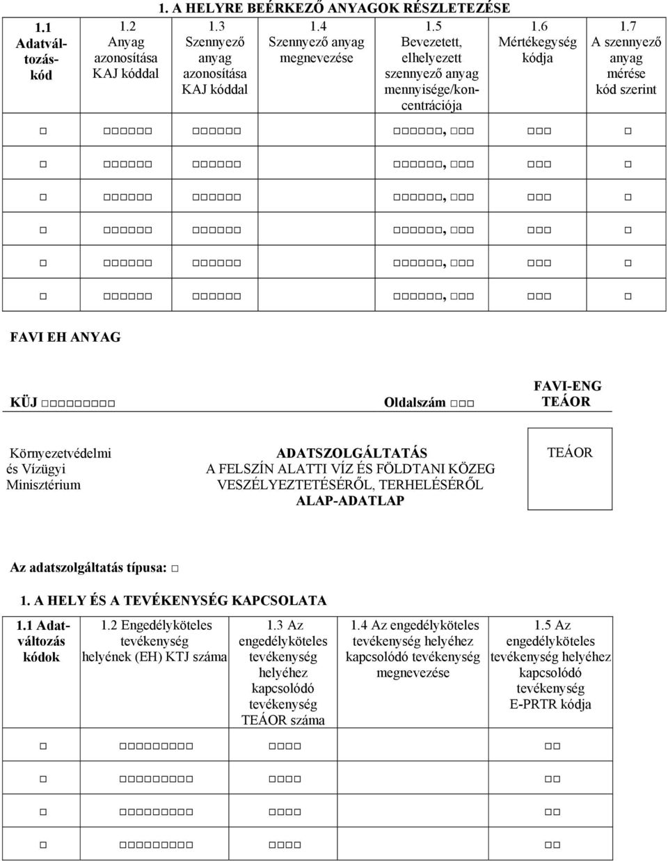 7 A szennyező anyag mérése kód szerint,,,,,, FAVI EH ANYAG KÜJ Oldalszám FAVI-ENG TEÁOR Környezetvédelmi és Vízügyi Minisztérium ADATSZOLGÁLTATÁS A FELSZÍN ALATTI VÍZ ÉS FÖLDTANI KÖZEG