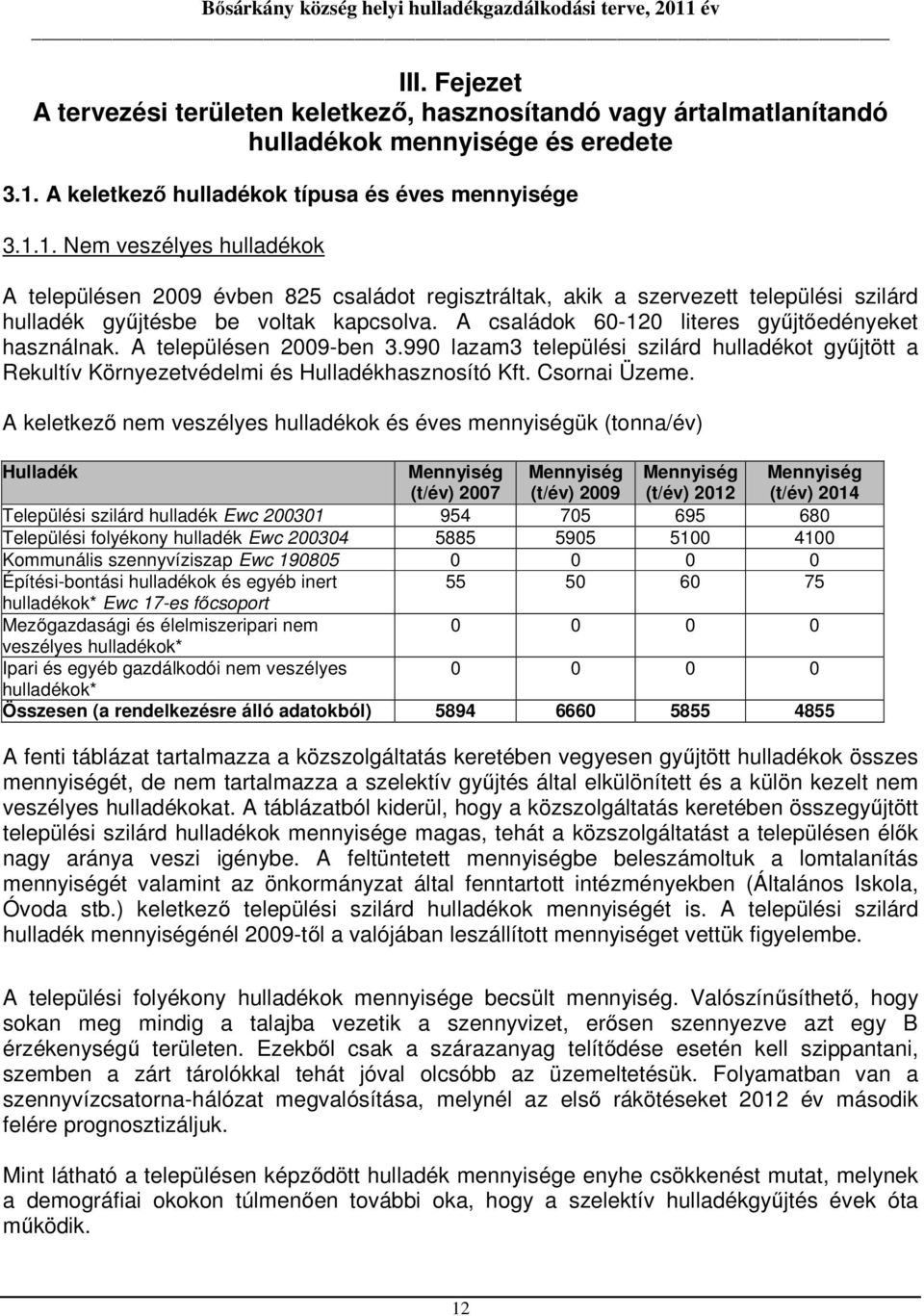 1. Nem veszélyes hulladékok A településen 2009 évben 825 családot regisztráltak, akik a szervezett települési szilárd hulladék gyűjtésbe be voltak kapcsolva.