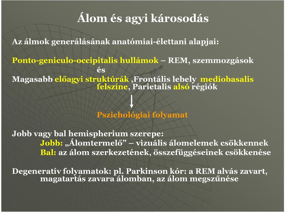 folyamat Jobb vagy bal hemispherium szerepe: Jobb: Álomtermelő vizuális álomelemek csökkennek Bal: az álom szerkezetének,