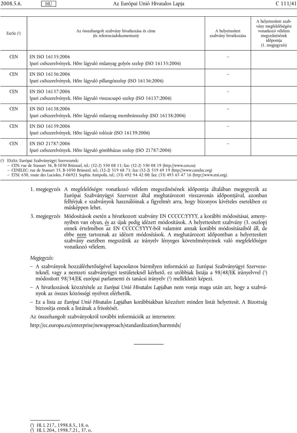 Hőre lágyuló műanyag membránszelep (ISO 16138:2006) CEN EN ISO 16139:2006 Ipari csőszerelvények. Hőre lágyuló tolózár (ISO 16139:2006) CEN EN ISO 21787:2006 Ipari csőszerelvények.