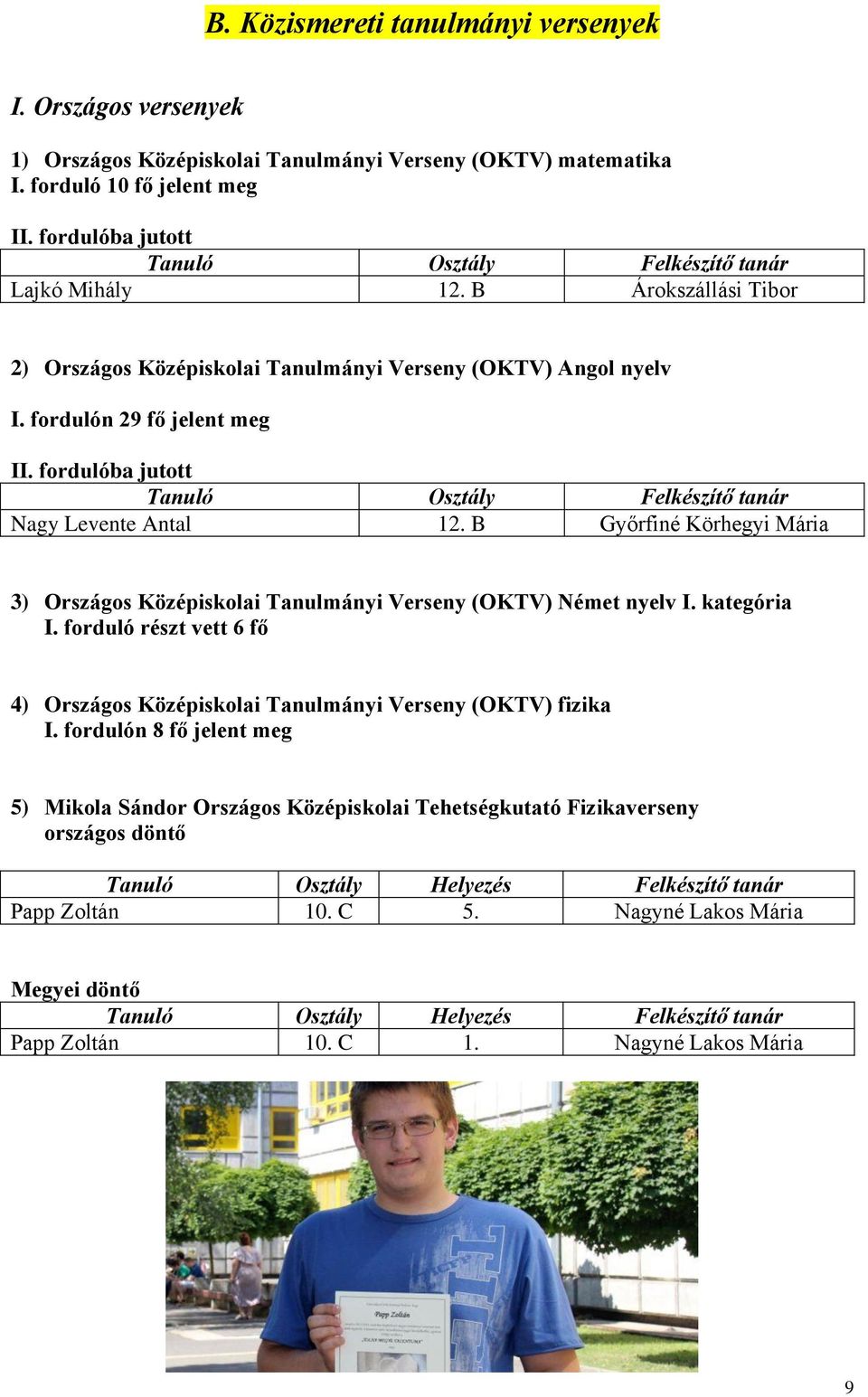 fordulóba jutott Tanuló Osztály Felkészítő tanár Nagy Levente Antal 12. B Győrfiné Körhegyi Mária 3) Országos Középiskolai Tanulmányi Verseny (OKTV) Német nyelv I. kategória I.