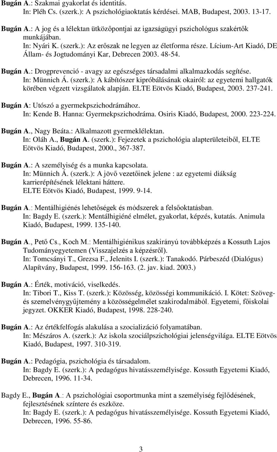 Lícium-Art Kiadó, DE Állam- és Jogtudományi Kar, Debrecen 2003. 48-54. Bugán A.: Drogprevenció - avagy az egészséges társadalmi alkalmazkodás segítése. In: Münnich Á. (szerk.