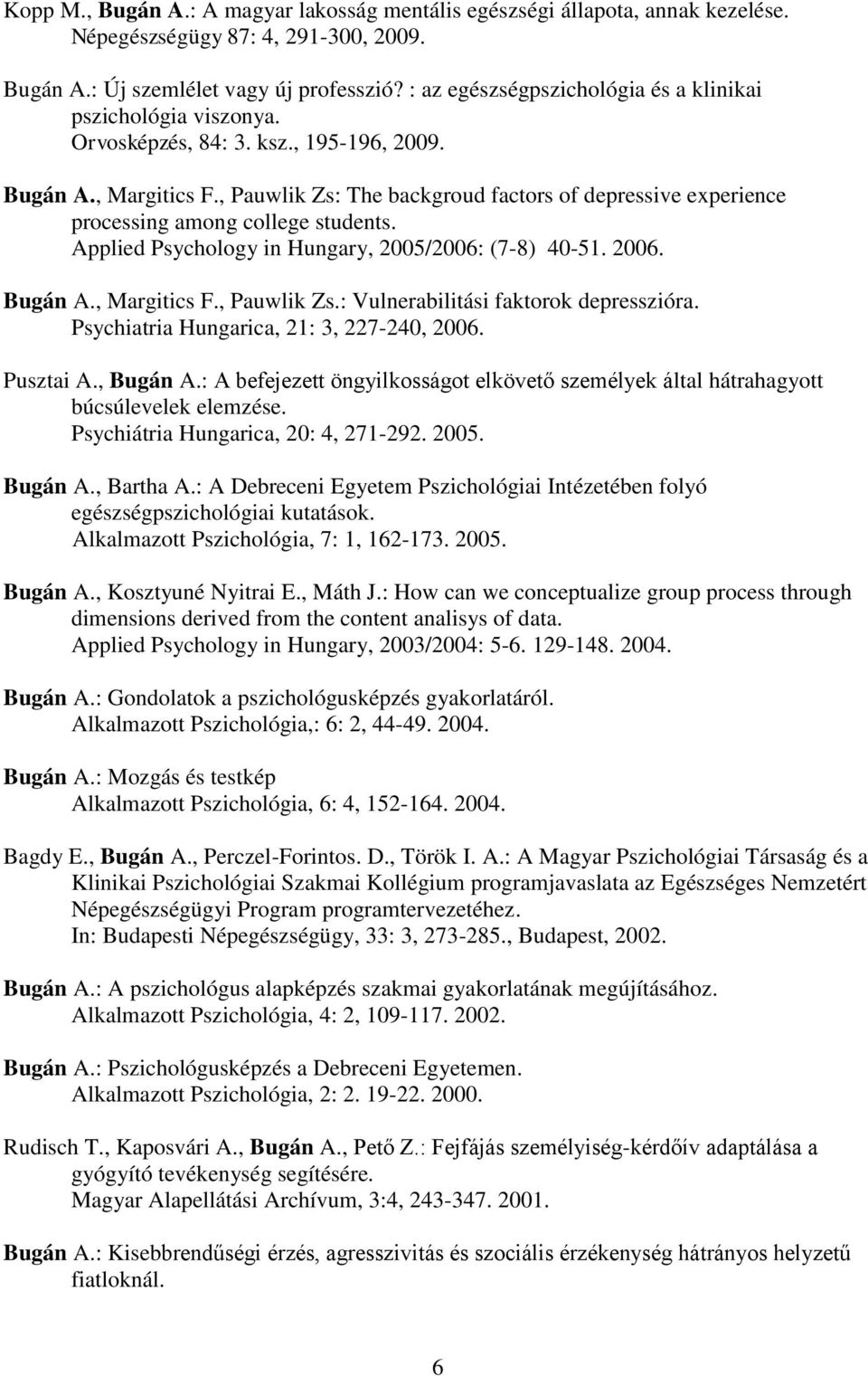 , Pauwlik Zs: The backgroud factors of depressive experience processing among college students. Applied Psychology in Hungary, 2005/2006: (7-8) 40-51. 2006. Bugán A., Margitics F., Pauwlik Zs.: Vulnerabilitási faktorok depresszióra.