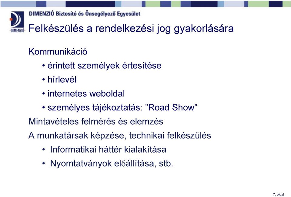 Road Show Mintavételes felmérés és elemzés A munkatársak képzése,