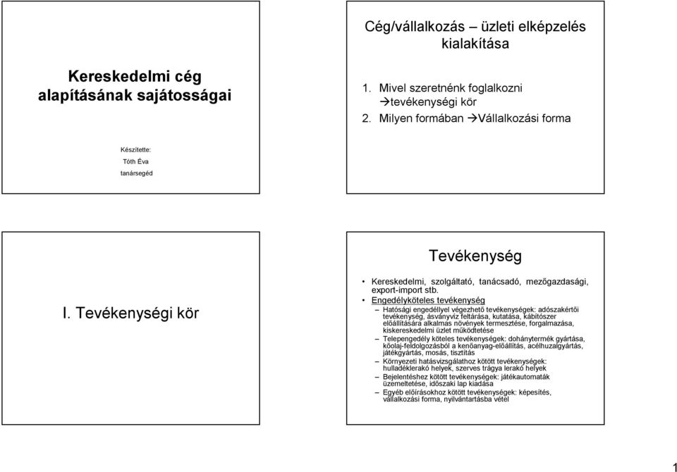 Engedélyköteles tevékenység Hatósági engedéllyel végezhető tevékenységek: adószakértői tevékenység, ásványvíz feltárása, kutatása, kábítószer előállítására alkalmas növények termesztése,