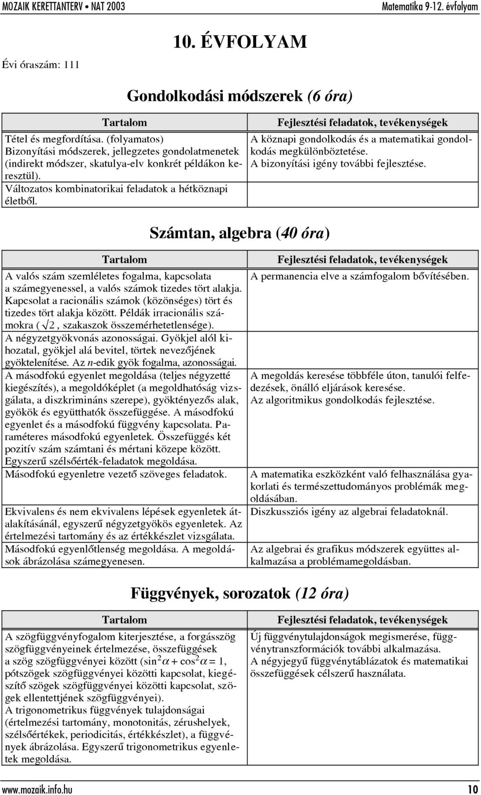 Számtan, algebra (40 óra) A valós szám szemléletes fogalma, kapcsolata a számegyenessel, a valós számok tizedes tört alakja.