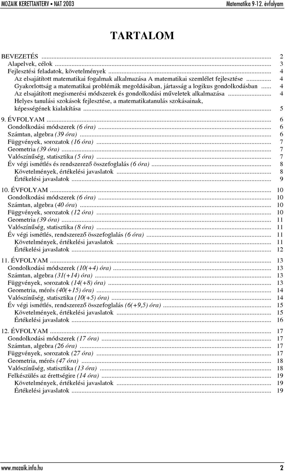 .. 4 Helyes tanulási szokások fejlesztése, a matematikatanulás szokásainak, képességének kialakítása... 5 9. ÉVFOLYAM... 6 Gondolkodási módszerek (6 óra)... 6 Számtan, algebra (39 óra).