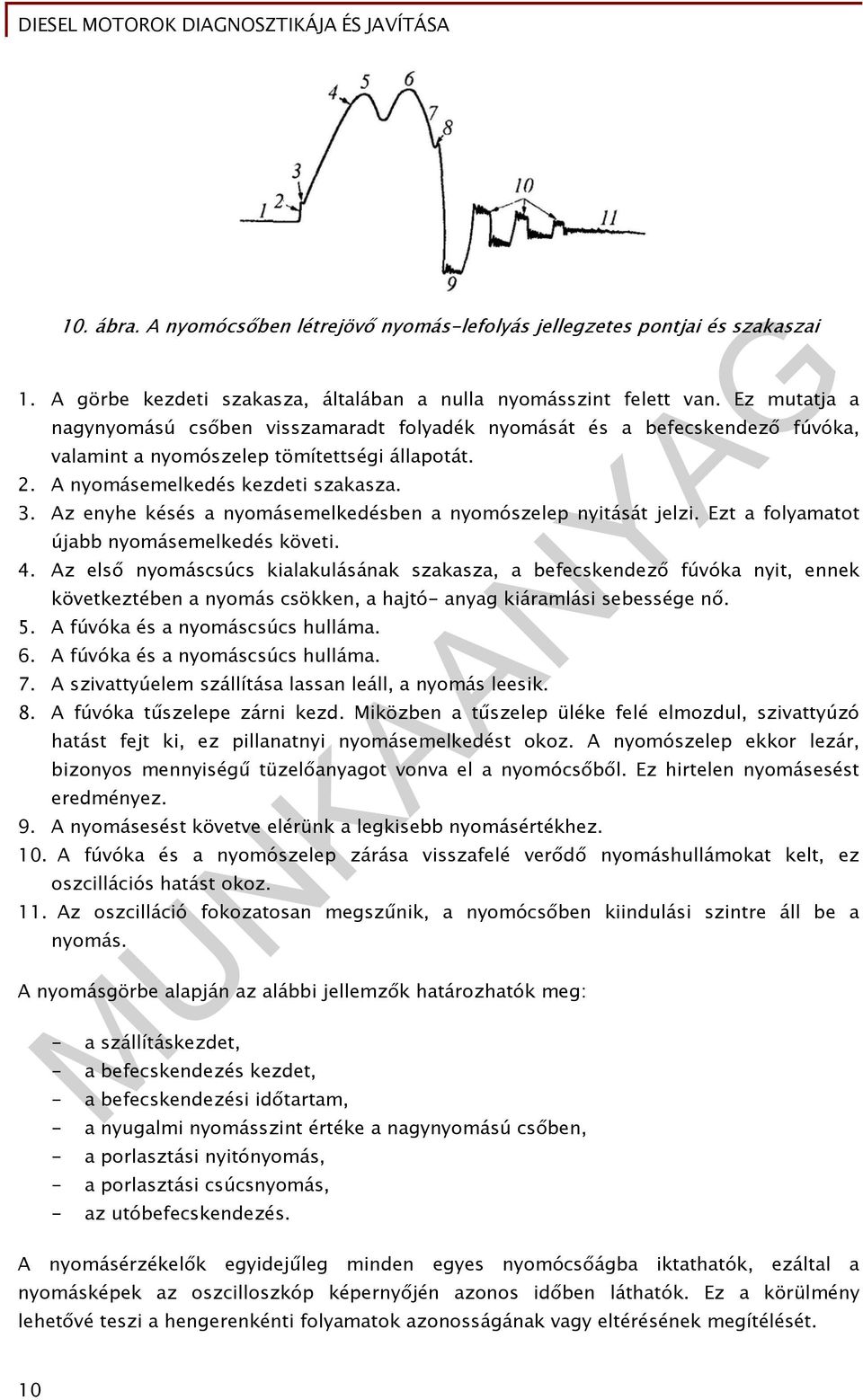 Az enyhe késés a nyomásemelkedésben a nyomószelep nyitását jelzi. Ezt a folyamatot újabb nyomásemelkedés követi. 4.