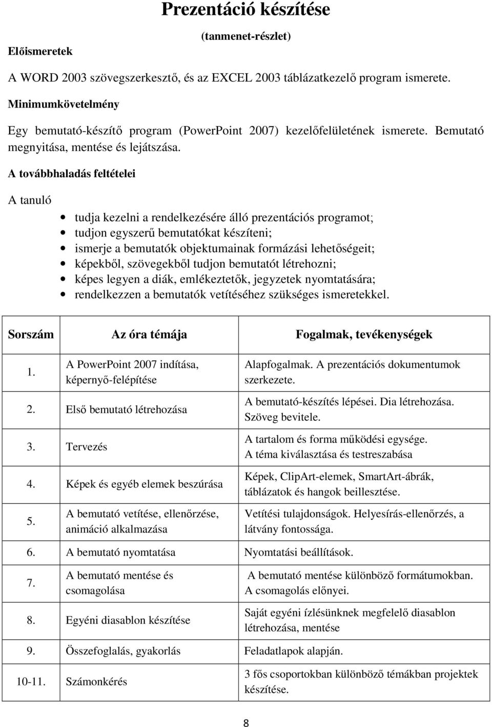 A továbbhaladás feltételei A tanuló tudja kezelni a rendelkezésére álló prezentációs programot; tudjon egyszerő bemutatókat készíteni; ismerje a bemutatók objektumainak formázási lehetıségeit;