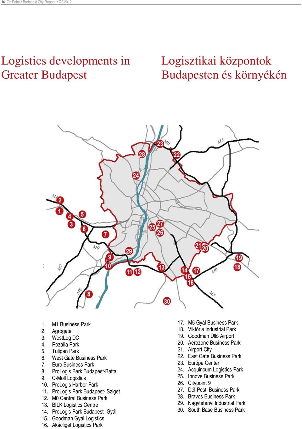M Central Business Park 13. BILK Logistics Centre 14. ProLogis Park Budapest- Gyál 15. Goodman Gyál Logistics 16. Akácliget Logistics Park 17. M5 Gyál Business Park 18. Viktória Industrial Park 19.