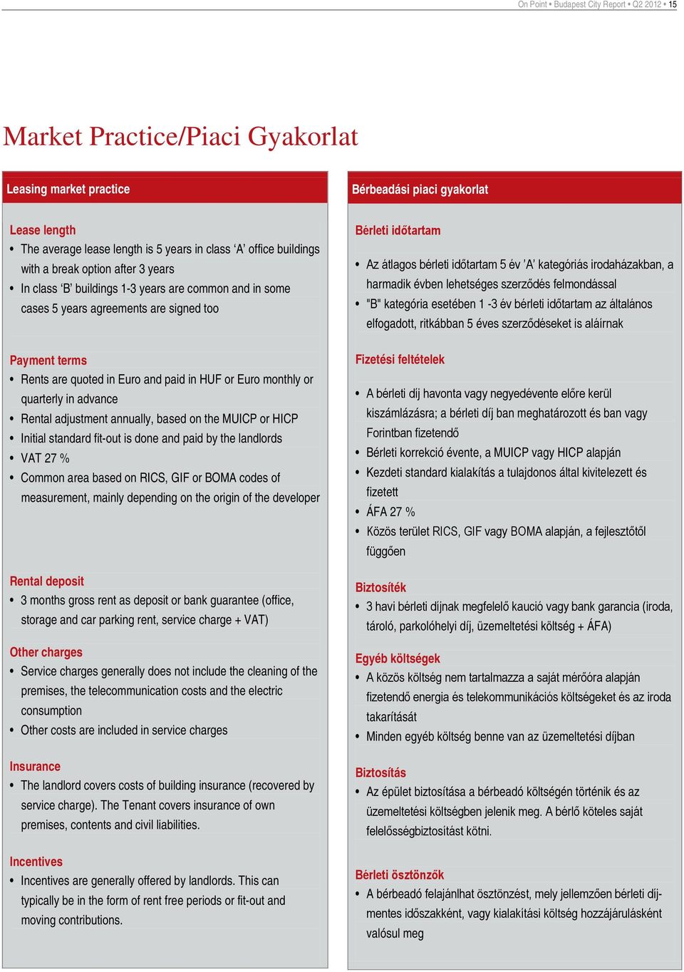 or quarterly in advance Rental adjustment annually, based on the MUICP or HICP Initial standard fit-out is done and paid by the landlords VAT 27 % Common area based on RICS, GIF or BOMA codes of