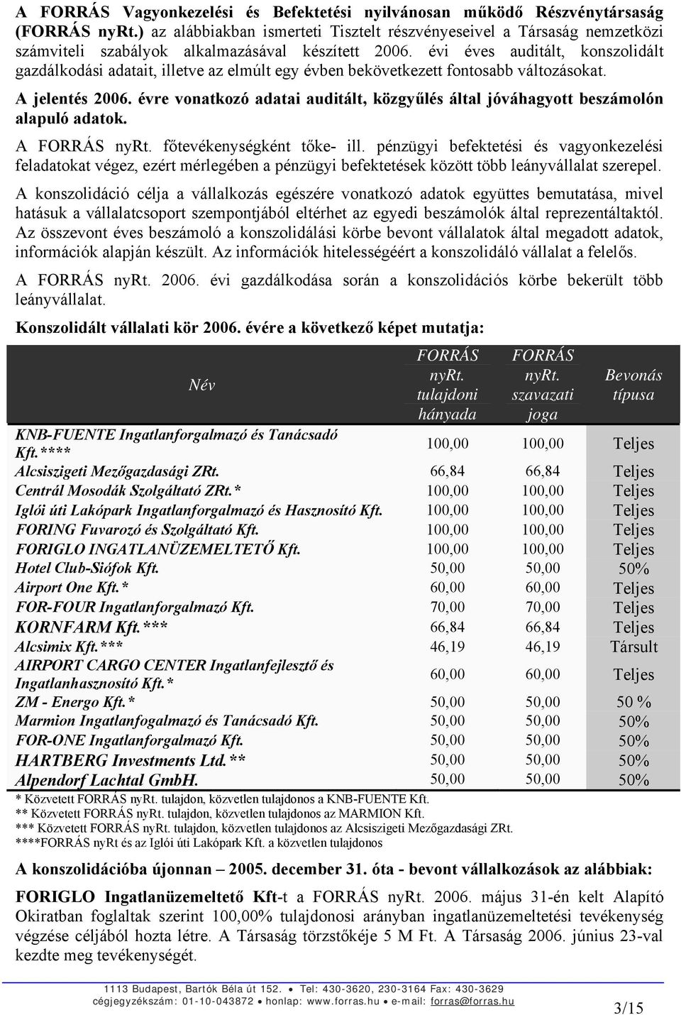 évi éves auditált, konszolidált gazdálkodási adatait, illetve az elmúlt egy évben bekövetkezett fontosabb változásokat. A jelentés 2006.